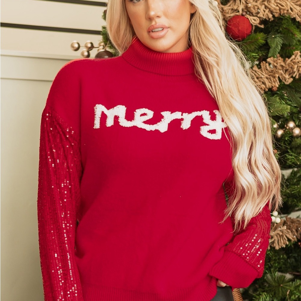 Red 'Merry' Sequin Sleeve Sweater